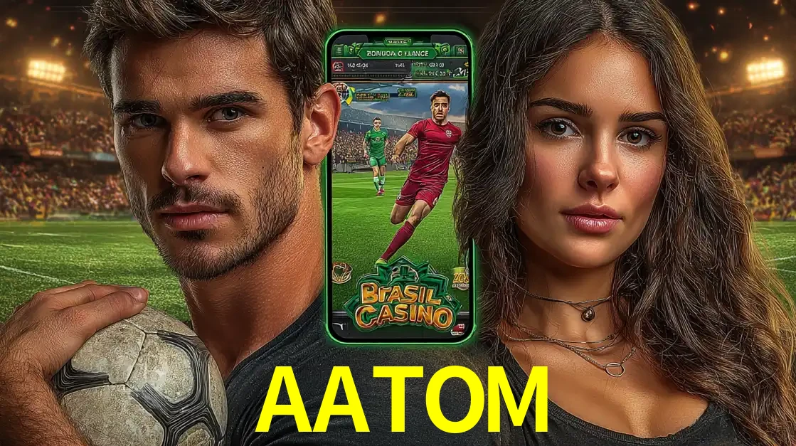 Homem segurando uma bola de futebol e uma mulher ao lado de um smartphone exibindo o jogo de apostas esportivas da AATOM. Faça seu palpite no cassino online.